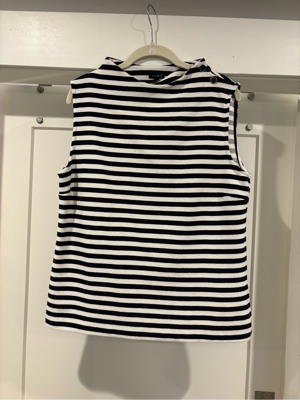 Talbots Navy & White Striped Sleeveless Mock Neck